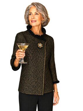 JM Collection Black Gold Shimmer Ruffle Wrap Collar Evening Jacket Cardigan Sz S